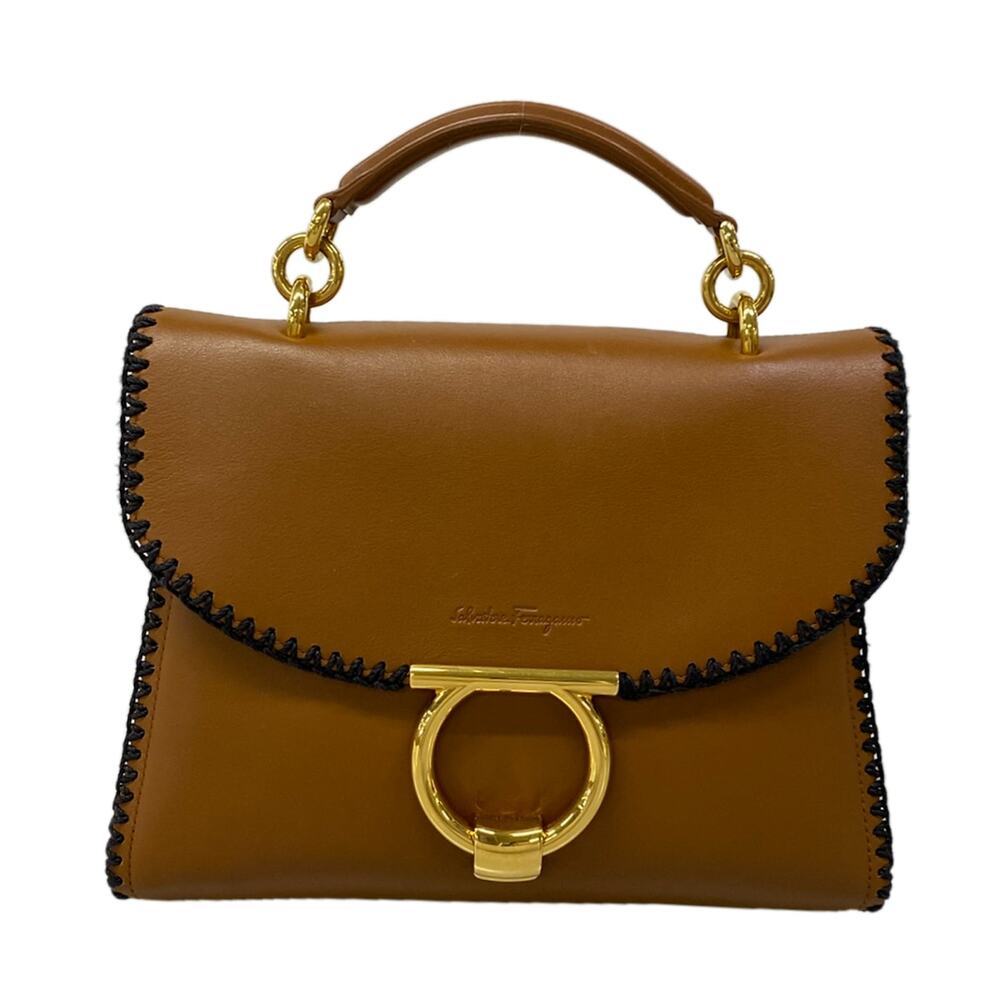 Salvatore Ferragamo Gancini Handbag 210413 Brown Black Leather Cotton